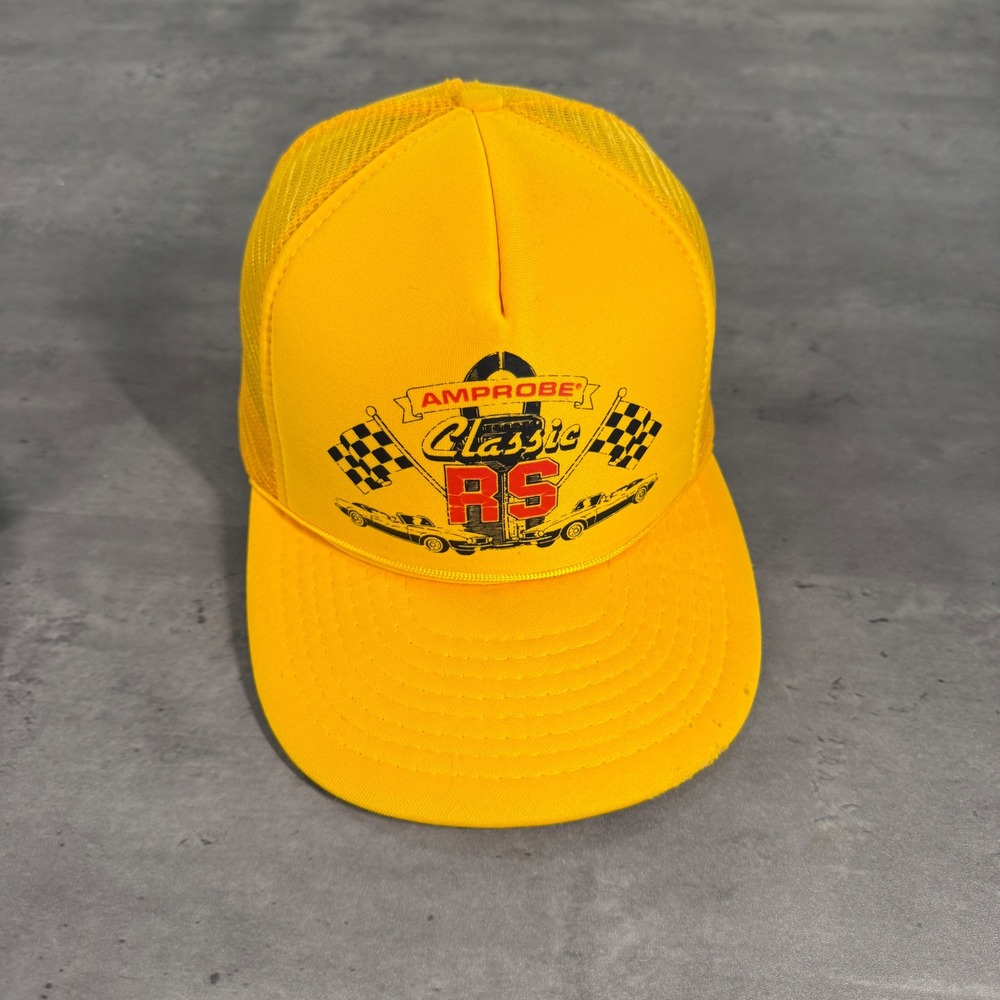 Vintage Amprobe Classic Racing Snapback Trucker Hat Yellow Mesh Cap Muscle Car‎